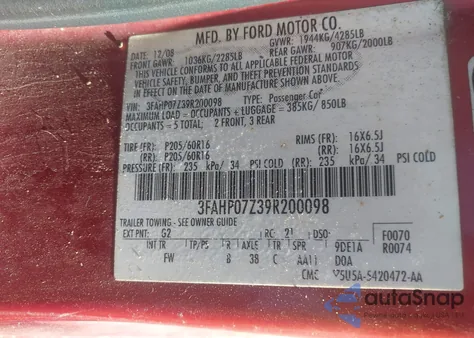 2009 Ford Fusion Se z USA, uszkodzony, nr VIN 3FAHP07Z39R200098